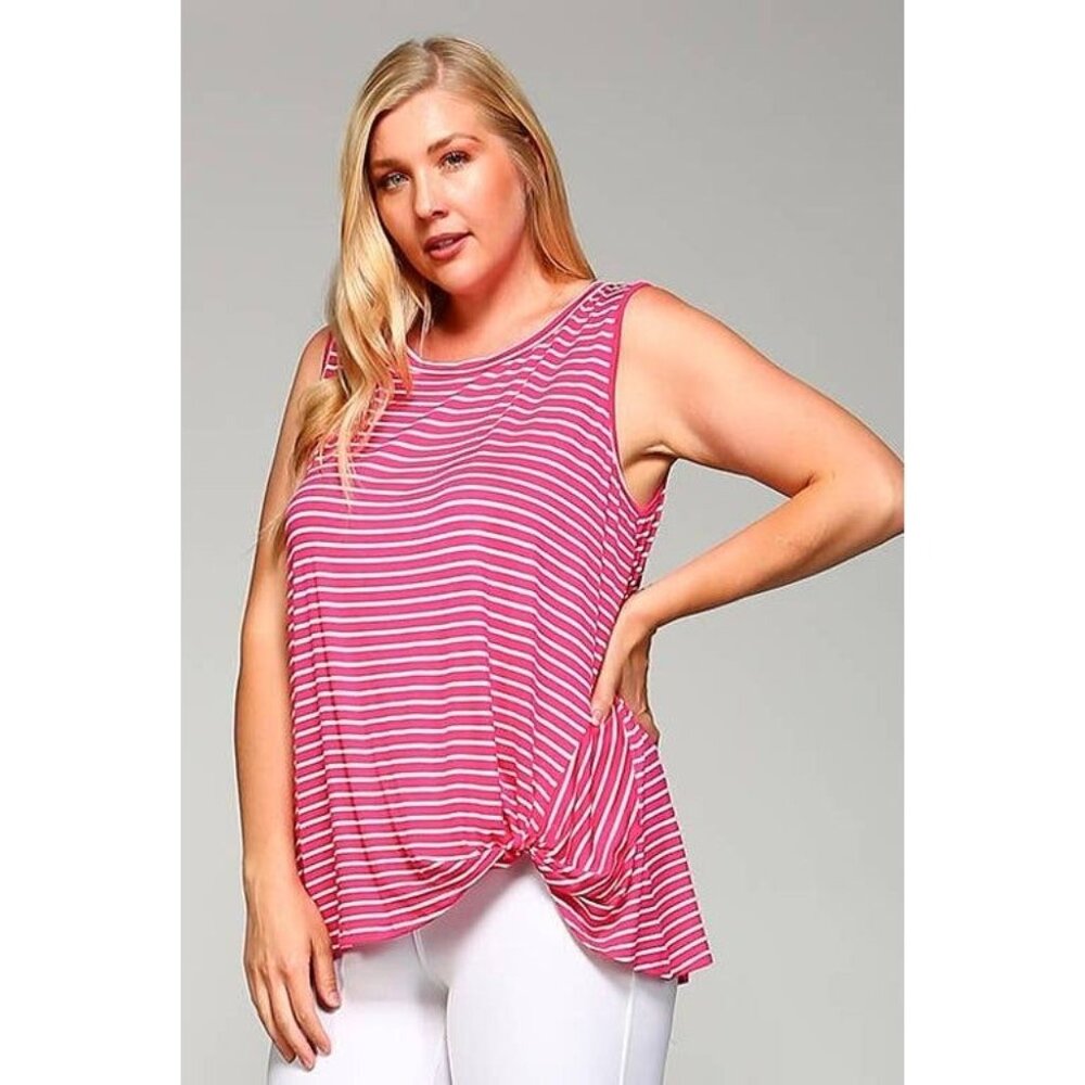 Women's Pink & White Striped Sleeveless Knotted Tunic Tank Top 2X